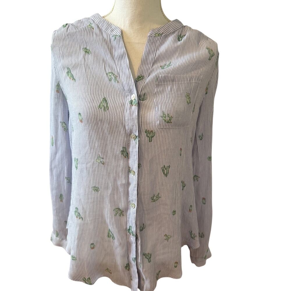 Zac & Rachel Cactus Print Casual Split Neck Long Sleeve Shirt Blue White S
